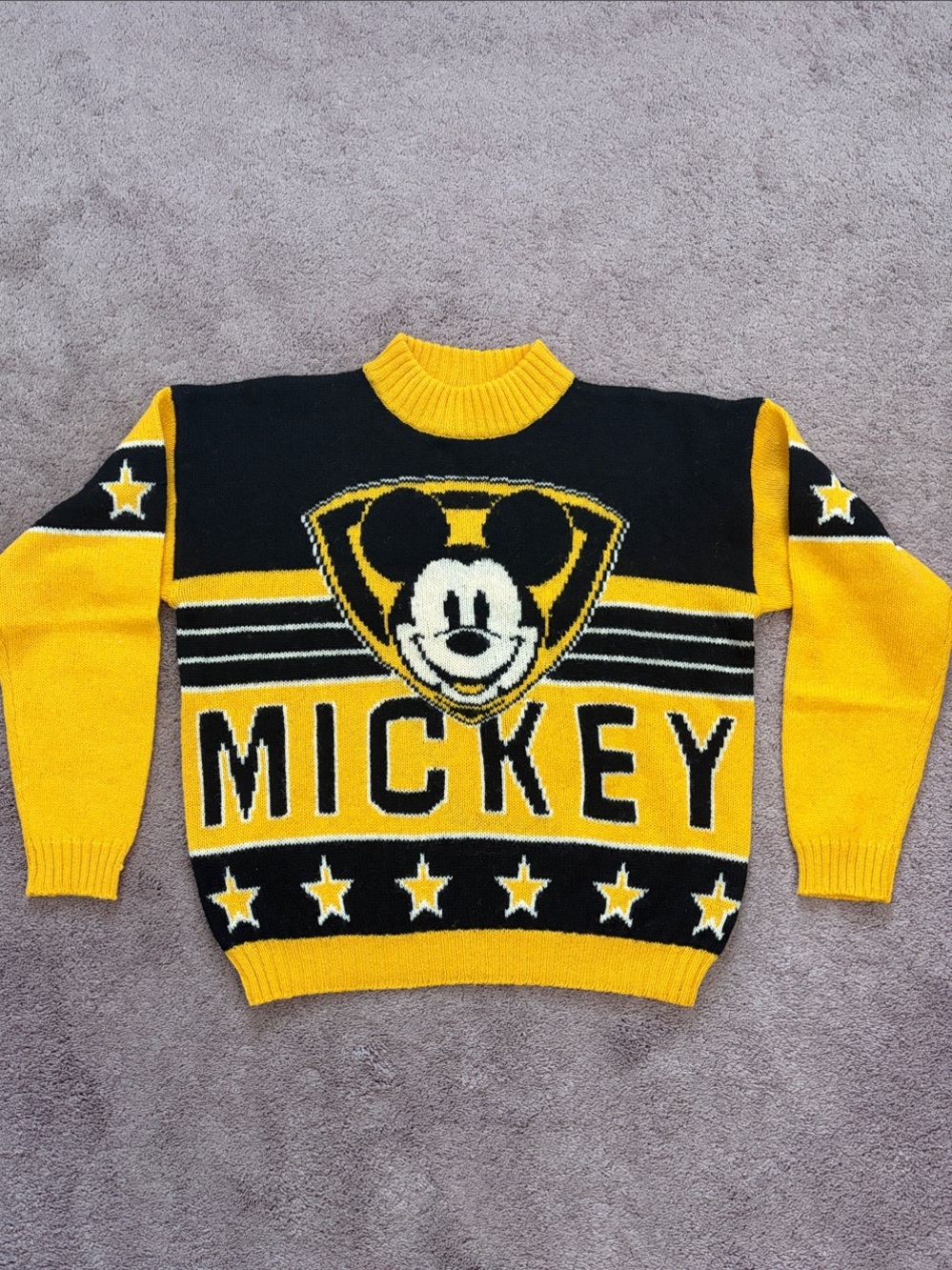 Mickey Yellow & Black Knit Sweater - Graphic Crewneck 100% Shetland Wool- size M